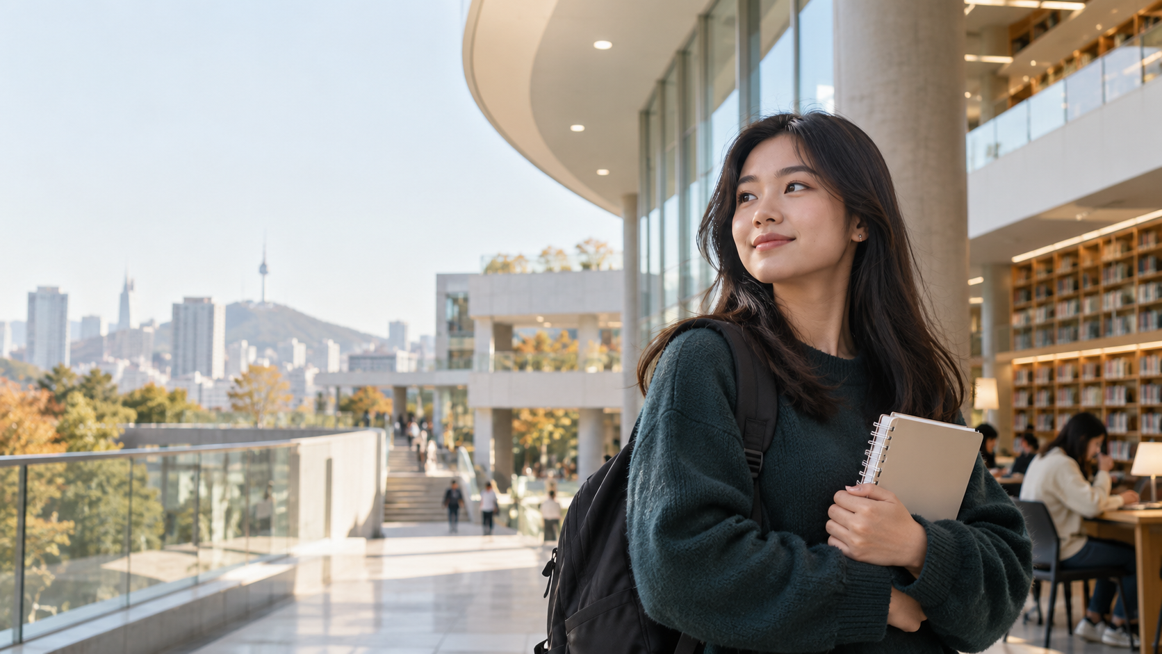 A university student looking ahead in a modern learning environment